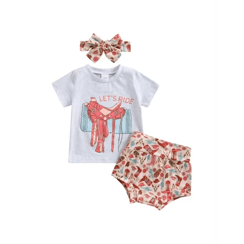Mevireiy Western Baby Girls Outfits Short Sleeve T Shirt Tops Cow Boots Print Shorts,Gray,0-6 Months