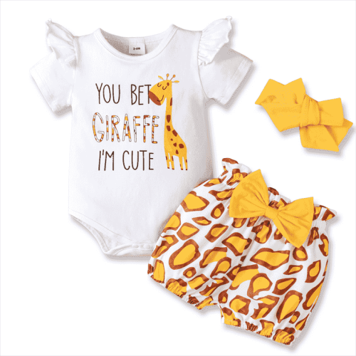 PatPat Baby Girl Clothes 3Pcs Outfit Set Giraffe Print Romper Shorts Headband Gift for 3-6 Months