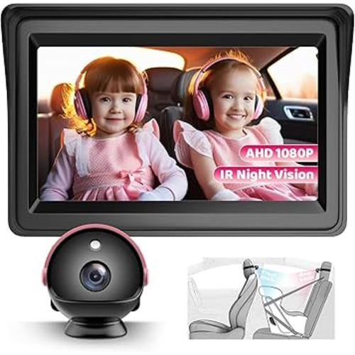 Car Camera for Baby, 4.3” 1080P HD Screen Baby Car Camera with IR Night Vision, 360° Rotating Adjustable Car Baby Camera for Rear Facing Seat Backseat, Plug and Play Easy Install | Pink