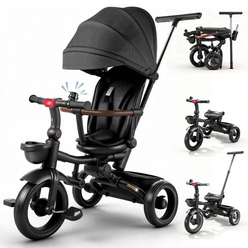 JoyStone 7 in 1 Foldable Tricycle Stroller for Toddler, Baby Tricycle with Adjustable Canopy, Parent Handle, Removable Pedals, Seat Belt and Storage Basket, Kids Bike for Ages 1-6 Boys & Girls, Black