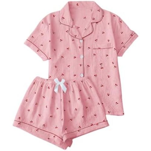 Verdusa Pajamas For Women Set 2 Piece Summer Pajama Sets Cute Pjs Lounge Matching Button Shirt with Shorts