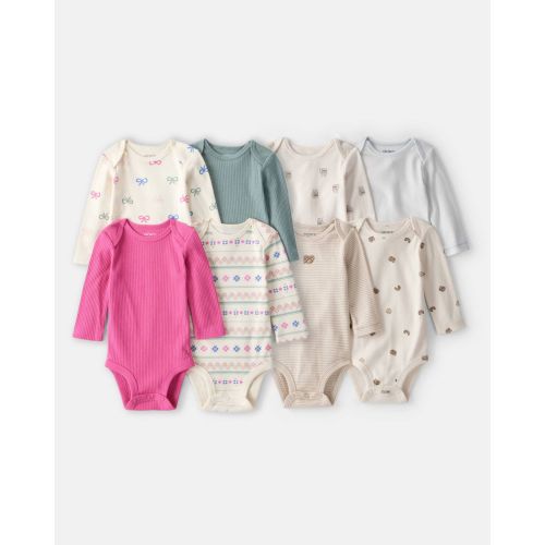 Baby Girl 8-Pack Long-Sleeve Multipack Bodysuits - White/Tan/Pink | Carter's
