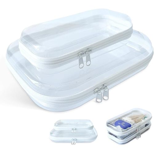 Clear Zipper Case for Storage, Portable Hard Case Clear, Hard Plastic Zipper Pouches for Snacks (2PCS)