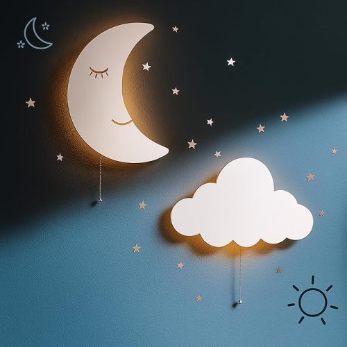 Tip perk 2 Pack Cloud & Moon Lights - Floating Cloud & Moon Wall Lamps for Nursery | Cute Floating Lamps for Kids Bedroom | Battery-Operated Hanging Night Lights for Bedroom/Baby Nursery