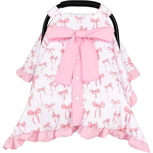 Baby Car Seat Cover with Ruffle Hem and a Removable Bow, Minky Carseat Cover Baby Girl, Peekaboo Opening Infant Car Seat Cover, Breathable Baby Car Seat Canopy for Summer, Pink Bow | Soft and Breathable Material