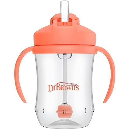 Dr. Brown’s Milestones Baby’s First Straw Cup, Training Cup with Weighted Straw, Coral, 6m+