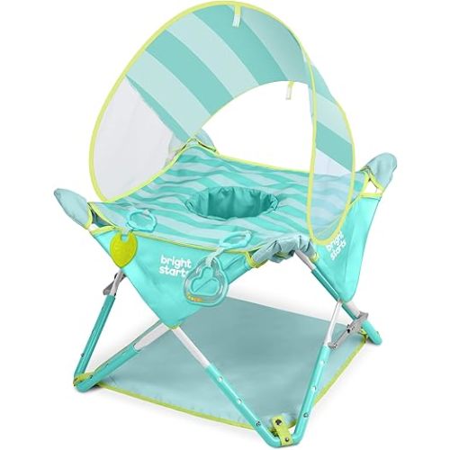 Bright Starts Pop 'N Jump Portable Baby Activity Center, Indoor Outdoor Use, Lightweight, Carrying Bag, Canopy, 6-12 Months - Sky Stripes Blue