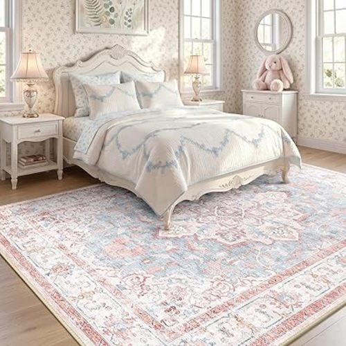 Machine Washable Rugs Nursery Rug 7x9 Cute Girl Non Slip Low Pile Water Repellent Soft Print Pattern for Bedroom Indoor Decor Kids Playroom Pink Blue