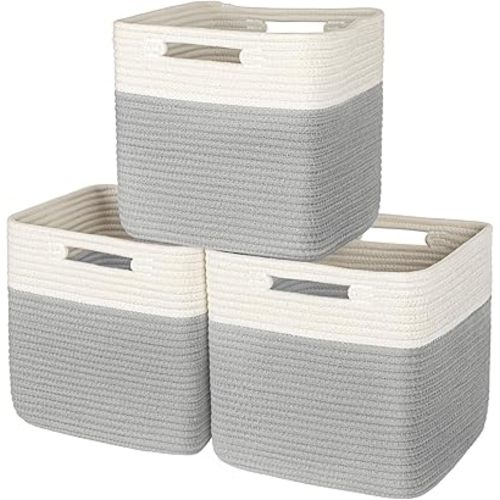 AELS Hand Woven Cotton Baskets for Storage, Cube Storage Bins with Handles, Foldable Collapsible Closet Organizers and Storage, Boho Farmhouse Storage Cubes for Shelves, Beige and Gray