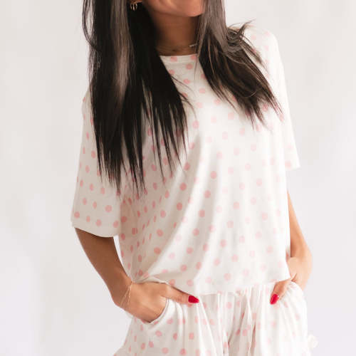 Women's Ruffle Short Set in White & Pink Polka Dot