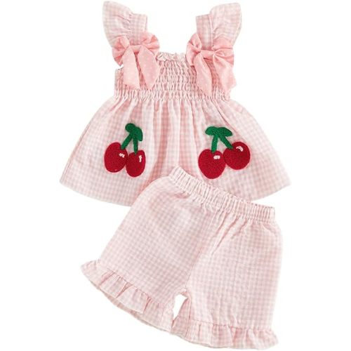 Mubineo Toddler Baby Girl Summer Clothes Cute Ruffle Shirt Tops Dress Shorts Outfits Set Fruit Blouse Princess Outfit