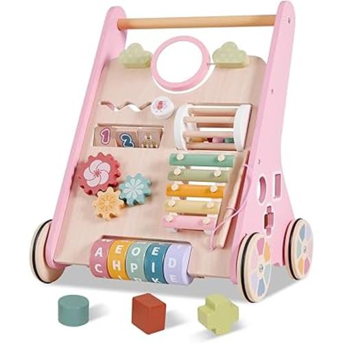 Wooden Baby Walker Wheels,Baby Push Walker for Babies 10 Months+ Montessori,Toddler Walker Push Toy Wooden Activity Walker for Boy,Walking Toys 12 Months+ Learning to Walk