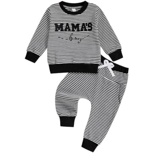 Toddler Baby Boy Clothes Mamas Boy Embroidered Striped Long Sleeve Sweatshirt Pants Set 2 Pcs Fall Winter Outfits