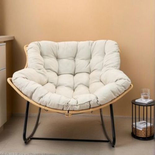 TiramisuBest Outdoor & Indoor Egg Rocking Chair, Rattan Wicker Lounge Papasan Chair, Modern Patio, Bedroom & Living Room Seating, Beige