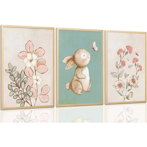Hieng Framed Nursery Wall Art Set of 3, Pink Flower Botanical Pictures Wall Decor, Green Bunny Paintings, Cute Animal Canvas Prints for Girls and Boys Kids Room, Baby Room Decor 16x24 Inches