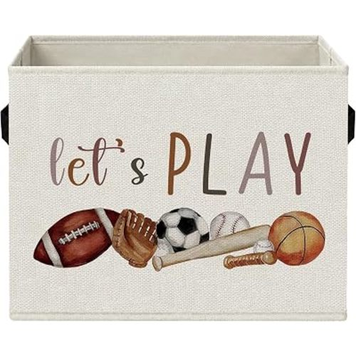 Sports Nursery Storage Bins with Handles, Let's Play Kids Playroom Foldable Collapsible Storage Basket Organizer for Kids Boys Room Bedroom Playroom Bathroom Books Clothes