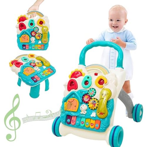 Sit-to-Stand Learning Walker 3 in1 Baby Walker Early Education Activity Center with Weight Design Sounds Music Phone Multifunctional Removable Play Panel Push Walker Toddler Toy Gift for Boys Girls