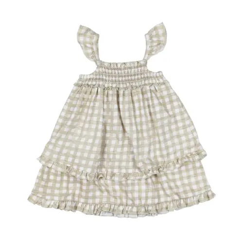 Stone Gingham | Organic Slub Jersey Smocked Summer Dress 6-9m