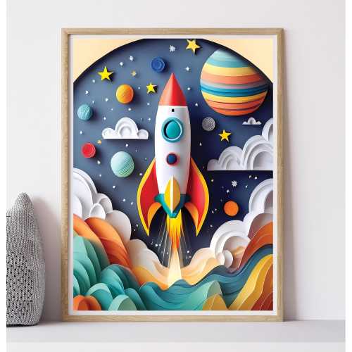 Rocket Ship Wall Art for Kids Room, Space Nursery Print, Colorful astronaut Illustration, Outer Space Decor, Playroom poster