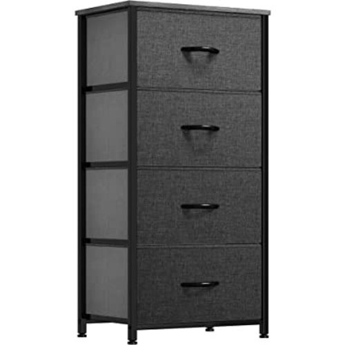 YITAHOME Storage Tower with 4 Drawers - Fabric Dresser, Organizer Unit for Bedroom, Living Room, Closets - Sturdy Steel Frame, Easy Pull Fabric Bins & Wooden Top (Black/Grey)