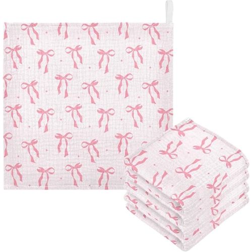 Bow Baby Washcloths Newborn Muslin Burp Cloths 3 Pack Soft Cotton Baby Face Bath Towel Drool Bibs for Infants, Girls and Boys 11.8 x 11.8 Inch