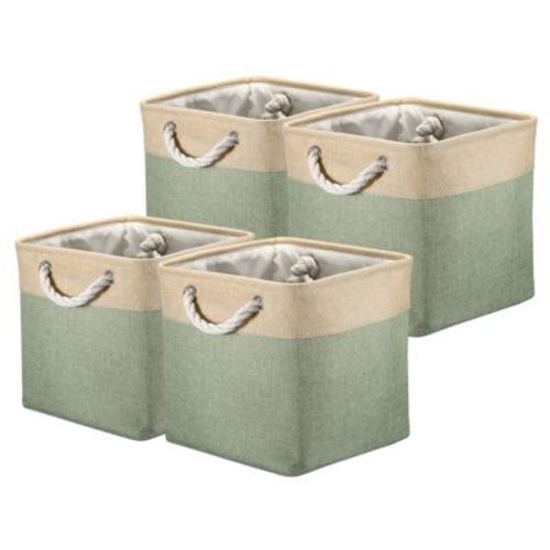 Unique Bargains Collapsible Fabric With Handles Organizing Storage Baskets 4 Pcs Beige/Green