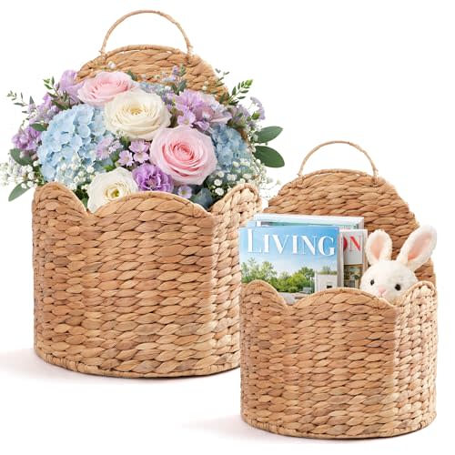2Pcs Water Hyacinth Scalloped Hanging Basket – Wall & Door Organizer with Loop Handle, Front-Entry Mail/Floral Holder, Boho Farmhouse Wicker Wall Décor, Handwoven in Vietnam, Natural Woven Storage Bin