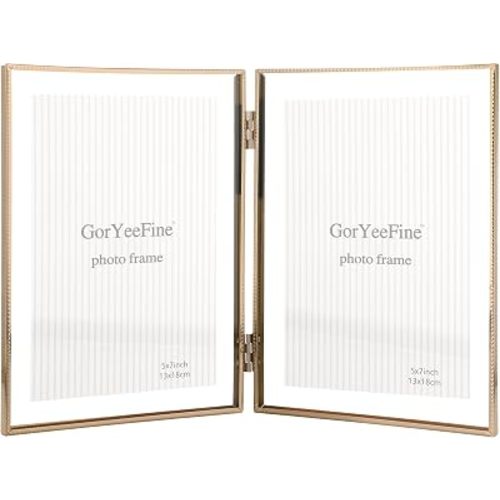 Gold 5x7''Double Floating Frame,For Photo Sizes(3.5x5'' & 4x6''),4X6''Metal Beaded Edge Frames Adjustable Tabletop/Shelf Photo Frame,for Wedding,Thanksgiving,Christmas