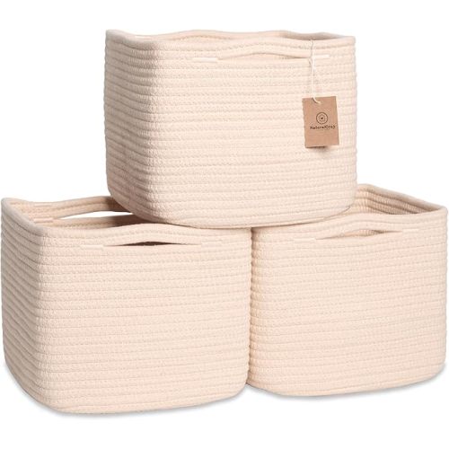NaturalCozy Storage Cubes 9”x9”x7”Cotton Rope Woven Baskets for Organizing 3-Pack | 9 Inch Cube Storage Bin | Small Basket for Shelf Nursery, Pantry, Decorative Plant, Bathroom Closet, Toy Gift