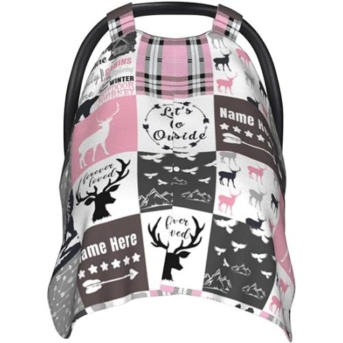 Personalized Woodland Deer Bear Pink Baby Car Seat Canopy for Babies with Name, Custom Baby Car Seat Covers for Girls, Opening Minky Nursing Breastfeeding Cover Infant Carseat Canopies for Newborn