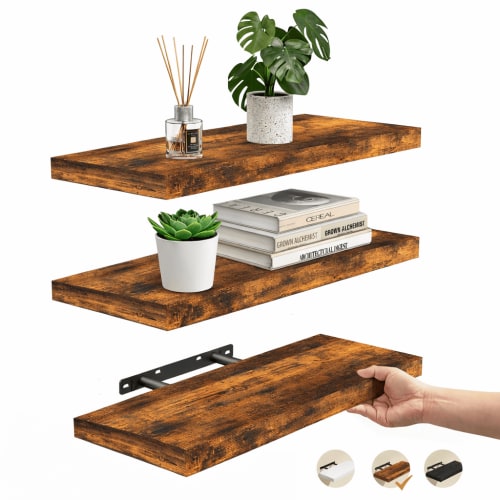 Ophanie 16 inch 3 Pack Wood Floating Shelves, Hanging Float Shelf for Bathroom, Bedroom, Living Room, Kitchen with 22lbs Capacity, Wall Mounted Decorative Shelves, 16 x 6.7x 1.1 Inch, Set of 3, Brown