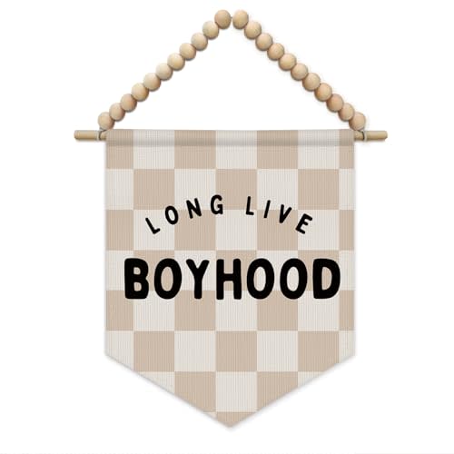 SJDFCSA Boy Nursery Long Live Boyhood Wall Art Decor, Boys Room Decor, Boho Nursery Neutral Checkered Wall Hanging Display Pennant Flag for Kids Little Boys Toddler Room Bedroom Playroom