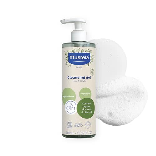 Mustela Certified Organic Cleansing Gel - Natural Hair & Body Wash with Olive Oil & Aloe Vera - For Baby, Kid & Adult - Fragrance Free, Tear Free, Vegan & Biodegradable - 13.52 fl. oz.