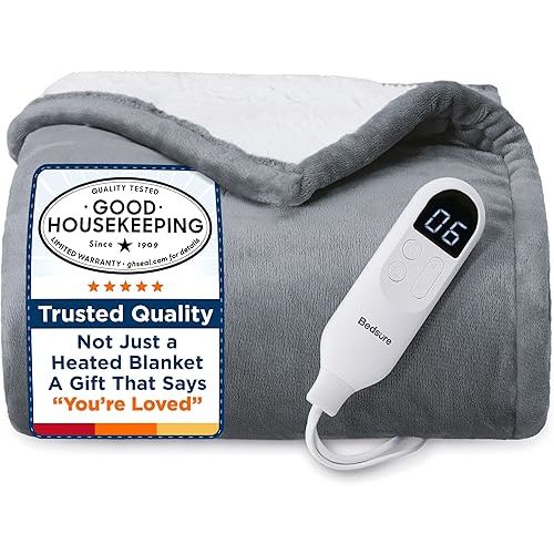 Bedsure Heated Blanket Throw Blanket with Preheat Function - Fast Heating Electric Blanket, Soft Flannel Throw with 6 Time Settings(Up to 10H), 6 Heating Settings, Gifts for Grandma (50"x60", Grey)
