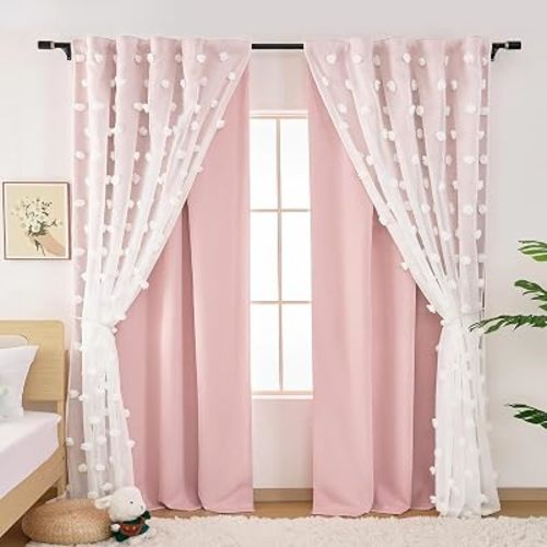 Light Pink Curtains 84 inch Long 2 Panels Set for Bedroom, Double Layer Curtain with Pom Pom White Sheer for Living Room Kids Nursery, Pinch Pleated Rod Pocket Back Tab, Room Darkening, 52 x 84 inches