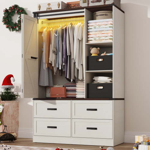 ChVans 73.1''H Armoire Wardrobe with Sensor Light&4 Drawers, Farmhouse Bedroom Armoire Cabinet with Hanging Rod&Open Space, Wooden Wardrobe Cabinet with Folding Sliding Barn Door for Bedroom