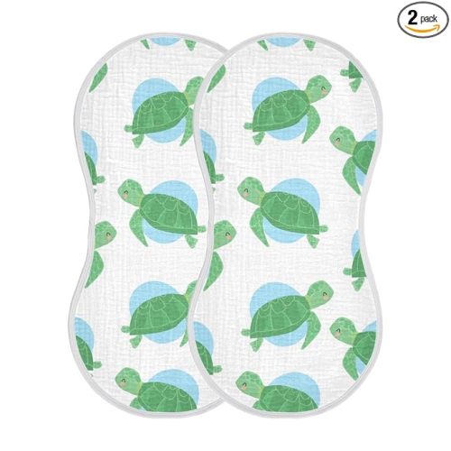 Muslin Baby Burp Cloths Set of 2, Soft Absorbent Sea Turtle Muslin Washcloths, Bibs, Face Towel for Newborn Boys Girls, 22 x 11 Inch