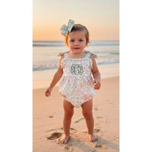 Personalized Baby Girl Romper | Floral, Sage Green Monogram