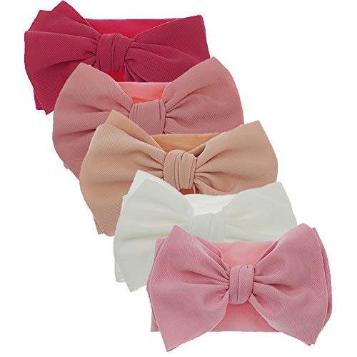 KIDOCHEESE Baby Girl Nylon Hairband with Bows, 5 Count (Pack of 1), for Infant, Extra Stretchy, Handmade