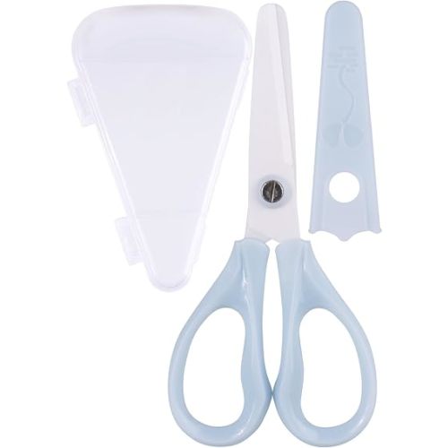 Baby Food Scissors Kicthen Shears - Portable Healthy Cute Kids Ceramic Scissors with Storage Case - Ideal for Cutting Meat, Chicken, Vegetables, and Fruits (Blue)