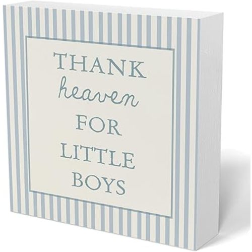 Boys Nursery Wooden Sign Decor,Thank Heaven for Little Boys Decorations Wood Block Signs, Newborn Gifts ，Baby Shower Decorations Gift，Blue Wood Sign for Toddler Little Boy Room Playroom Desk Shelf 5x5
