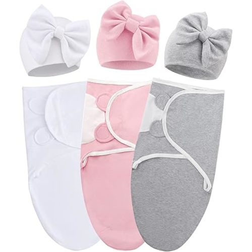 Baby Swaddle Sleep Sacks with Big Bow Hats Cotton Adjustable Swaddle Blankets Wrap Nursery Swaddles for Newborns Boy Girl Infant 0-3 Months