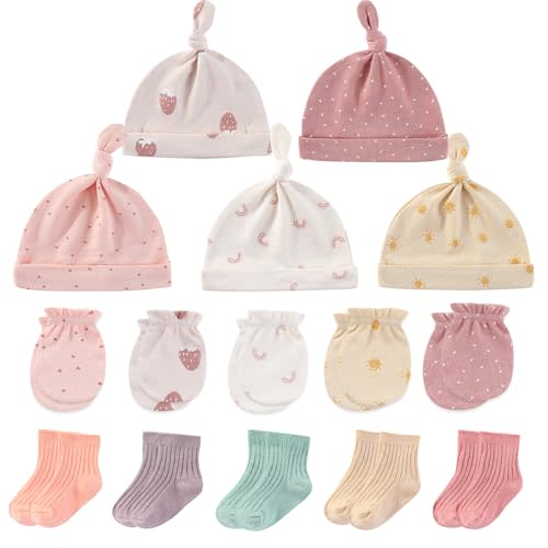 MAMIMAKA Newborn Baby Boy Girl Caps Mittens Socks Set Cotton Baby Essentials Accessories (Hats+Gloves+Socks)
