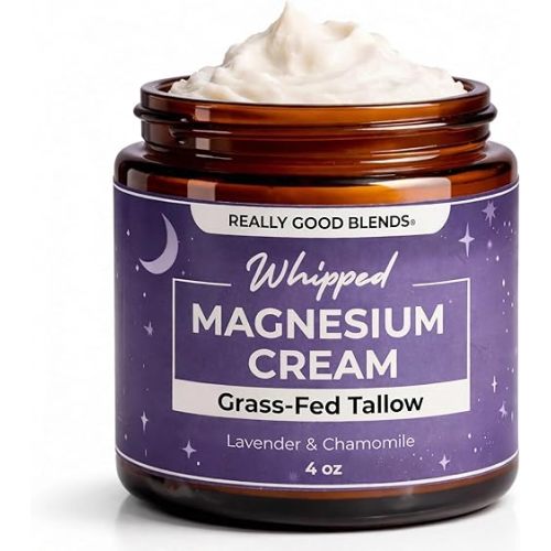 Really Good Blends Magnesium Cream with Grass-Fed Tallow – Soothing Muscle Relief & Sleep Support, All-Natural Night Balm for Leg Cramps, Restless Legs & Tension – 4 oz (Lavender + Chamomile)