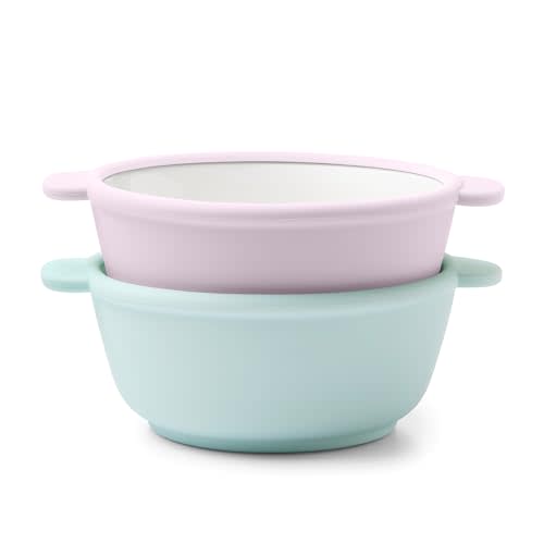 Ello Clean Start Ceramic Toddler Bowls with Sleeves, 2 Pack, Dewdrop | Porcelain Toddler Tableware For Meals And Snacks With Silicone Sleeves, Microwave Safe, Dishwasher Safe, And BPA-Free