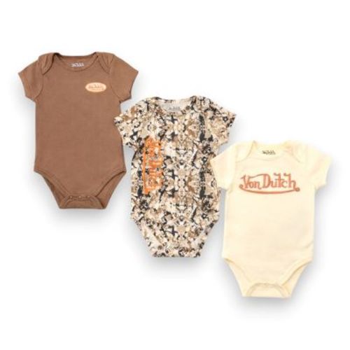 Von Dutch Baby Boys' 3-Pack Soft Graphic Bodysuit Sets, Brown/Camo, 6 Months