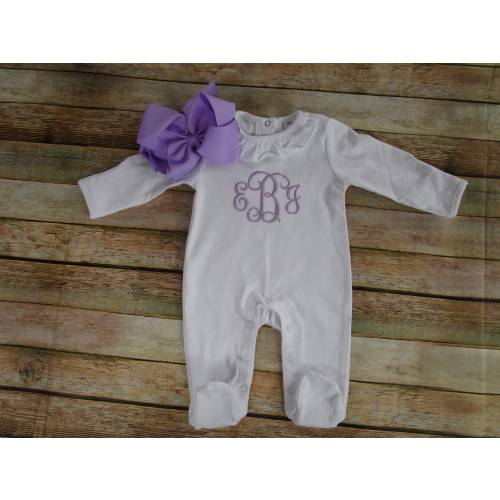 Personalized Lavender Baby Girl Footie Outfit: Combed Cotton Knit Romper