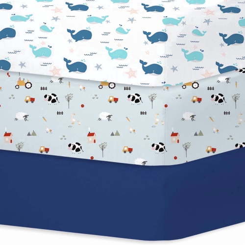 Little Grape Land Crib Sheets for Baby Boys Girls 3 Pack, 28"x 52" Extra Soft Microfiber Crib Sheet Set for Standard Crib & Toddler Mattress Pad, Whale & Rustic Ranch-Blue & Blue