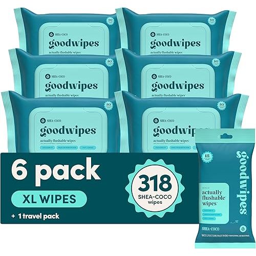 goodwipes Flushable Butt Wipes - Vitamin E & Aloe - Sewer & Septic Safe - Extra Large Adult Wet Wipes For Women & Men - Bathroom Essentials - Shea-Coco, 318 Count (6 Packs + 1 Travel)