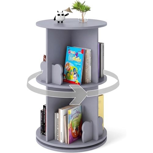 Costzon Kids Rotating Bookshelf, 2 Tier Small Book Shelf with Bookends, 360° Display Spinning Bookshelf Tower, Corner Bookshelf for Small Space, Kids Room, Bedroom, Nursery (Grey)
